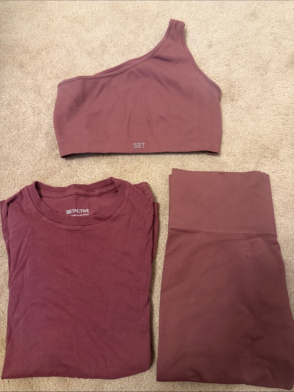 SET Active One-Shoulder Ribbed Sports Bra and Top Set - Plum
